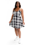 Plus "Dice" Plaid Flare Backless Skater Dress